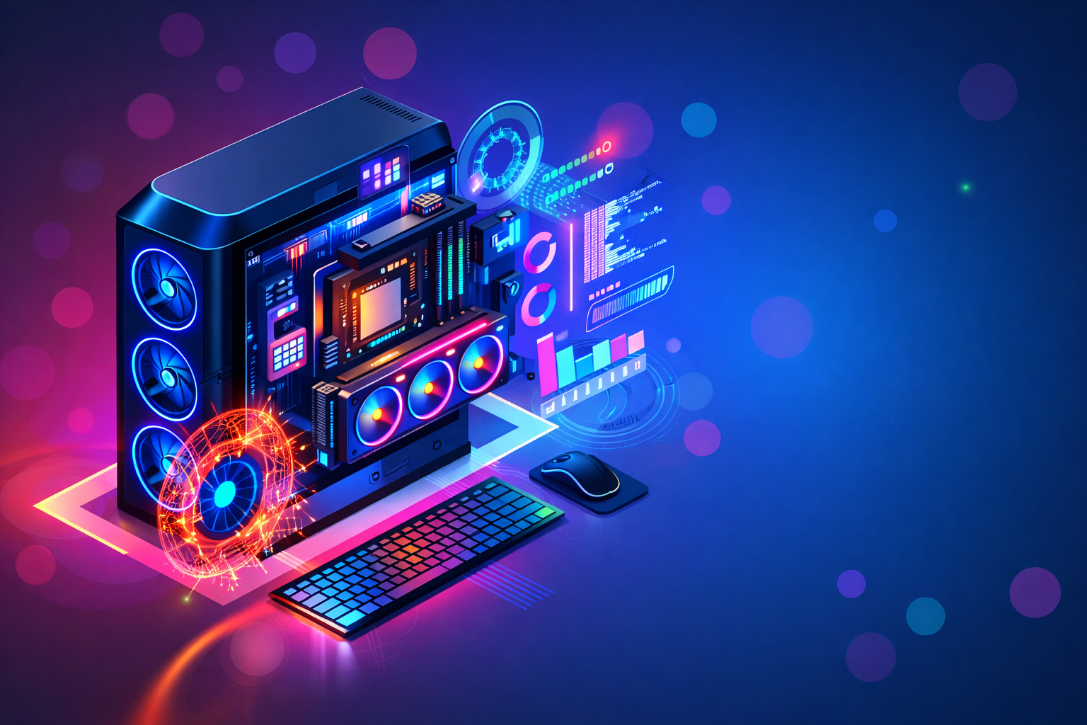 Custom PC build illustration with RGB desktop and dashboard