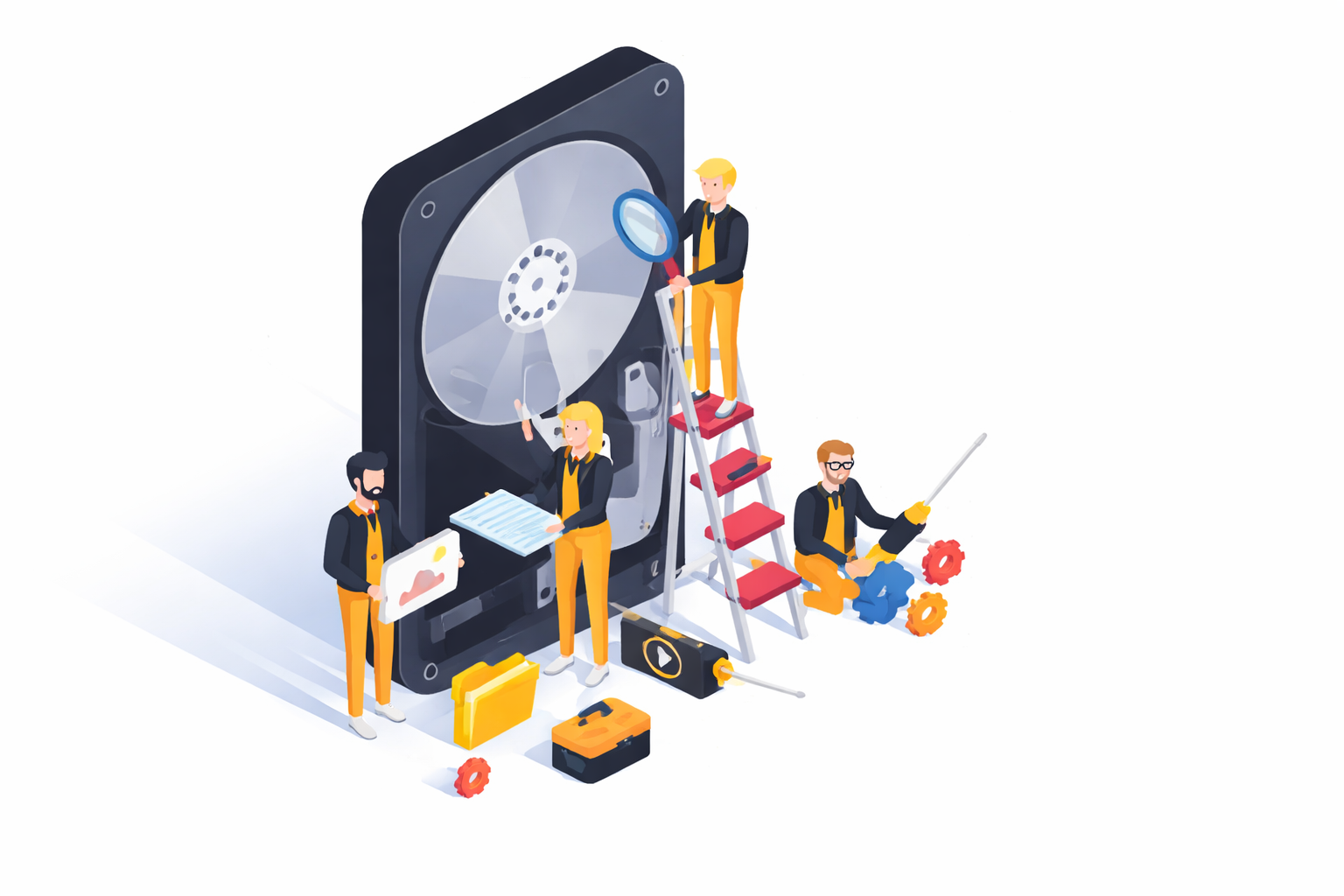 Data recovery service illustration with hard drive and technicians
