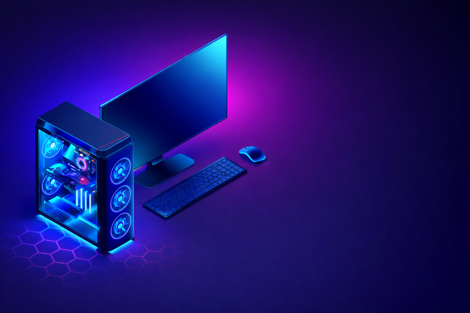 Modern PC setup with monitor and illuminated case