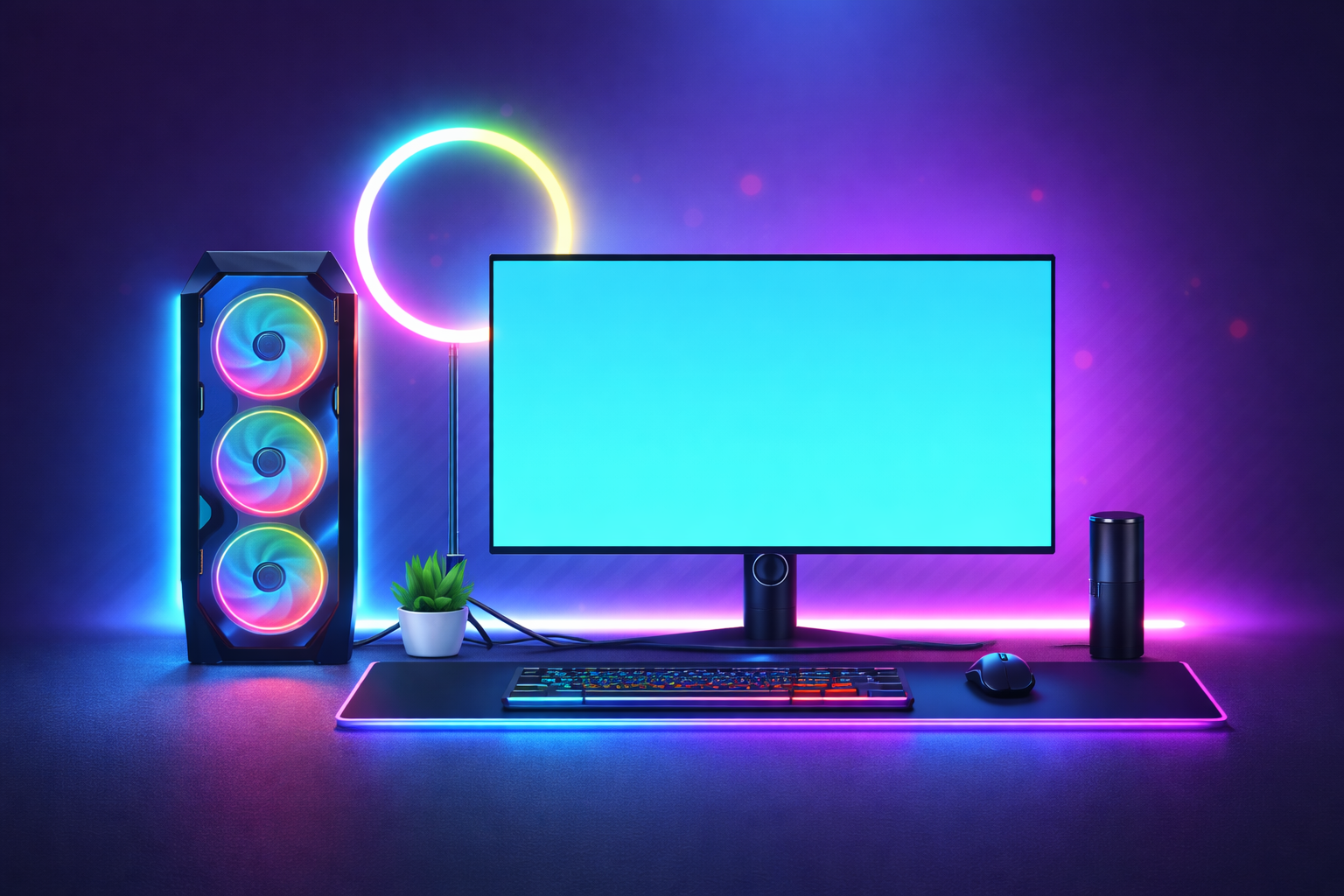 Premium gaming and workstation setup with RGB PC and monitor