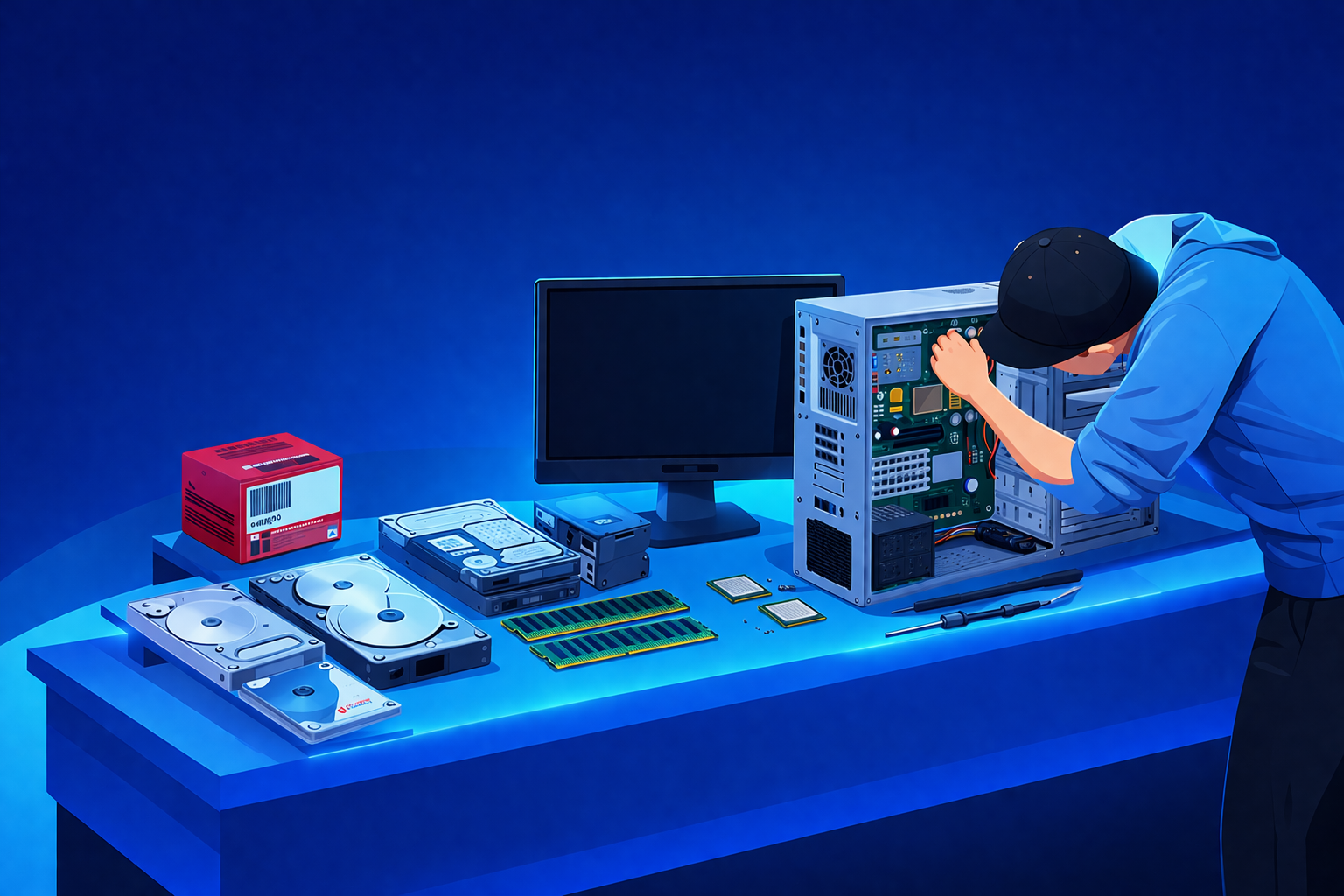 Technician repairing desktop PC at a workbench